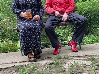 Curvy mother-in-law flashes tits and takes cum outdoors