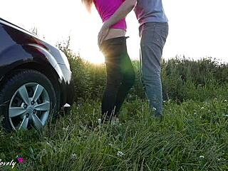 Horny taxi driver pounds blonde against car at sunset?