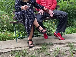 Curvy mother-in-law flashes tits and takes cum outdoors