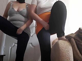 two amateur brunettes in leggings and skirts masturbate to squirting lesbian orgasms