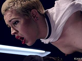 Blonde Slave Bound in Doggy Gets Caned and Choked Hard