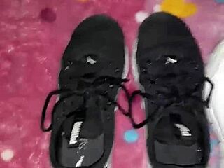 Cumshot Explosion All Over Her Sexy Feet In Tennis Shoes!
