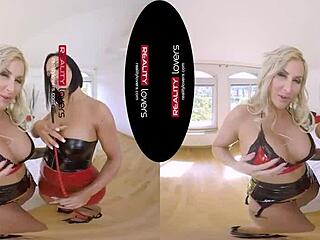 two fetish milfs in latex heels double team guy hard