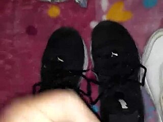 Cumshot Explosion All Over Her Sexy Feet In Tennis Shoes!