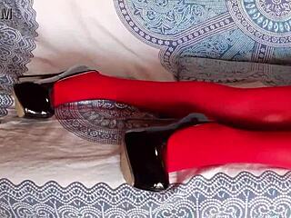 beautiful leggy milf in red pantyhose black heels