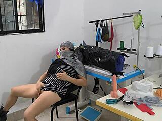 Indian seamstress fingers her wet pussy solo in workshop