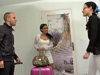 exhibitionist brunettes flash tits at station then fuck passenger home rough