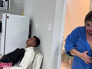 Milf Samira Summer fucks two young studs! Hot blonde menage with licking.