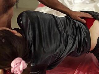 french milf in green leather pants and red satin gets doggy pov fucked with ass licks