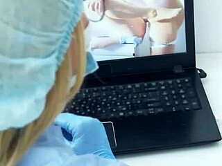Female doctor massages prostate with gloves milking patient orgasm
