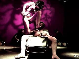 Oiled milf Elle Brooke takes huge cock anal stage pounding