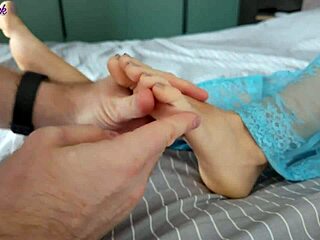 stepmom uses feet to seduce stepson then rides his cock hard