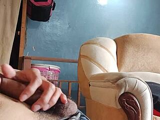 Young Latina amateur strokes her panties while sniffing my throbbing cock in living room solo masturbation