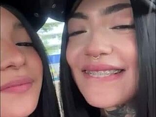 Naughty Latinas Flash Tits Outdoors Before Lesbian 3some Dripping Pussy Licks