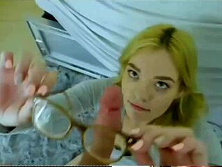 blonde with glasses sucks cock like a desperate slut