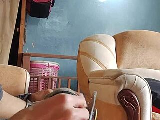 Young Latina amateur strokes her panties while sniffing my throbbing cock in living room solo masturbation