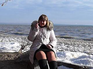 fat milf pisses outdoors smokes shows hairy pussy no panties short skirt riverbank