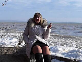 fat milf pisses outdoors smokes shows hairy pussy no panties short skirt riverbank