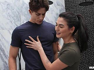 Athletic brunette chokes on cock facefucked in bathroom remodel reality