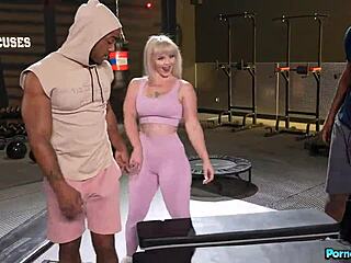 blonde milf kay carter cucks hubby with two bbc at gym double deepthroat