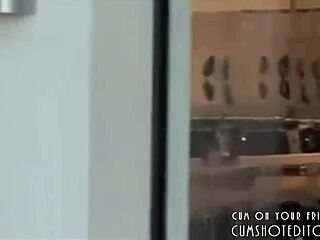 blonde cutie deepthroats huge cock in mall changing room for messy facial cumshot