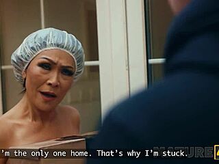 mature asian mom rides young shaved czech cock hard