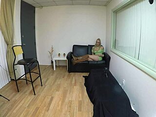 Skinny blonde slut gags on cock before anal pounding