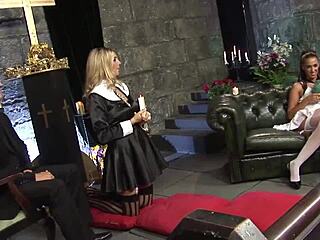 Blonde and brunette hotties spark lingerie orgy in church