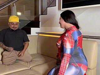 spider woman sucks cock balls deep in costume