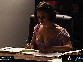 Can Girlsway's sexy agent fuck the hot boss to hide her secret?