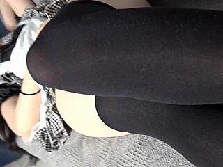 cute maid in black tights edges him with feet then rides hard