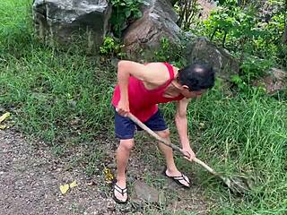 Busty stepmom sneaks homemade fuck with old estate gardener