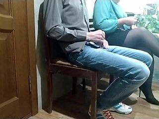 wow, mature milf in pantyhose milks stranger cum outdoors!