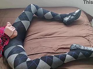 shemale strokes cock in plaid dress argyle tights solo