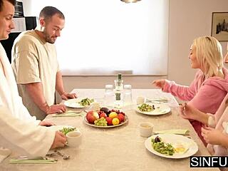 Erotic girl-next-door babes kiss lick ride in juicy group foursome close-ups