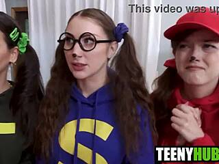 three friends jade valentine bella blu megan share danny mountain's big cock for halloween