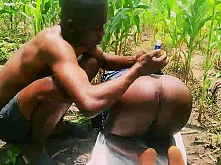 curvy farm girl bent over hairy pussy takes big black cock doggystyle in forest