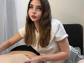 employee's cute petite girlfriend massages then fucks me missionary creampie