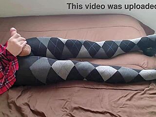 shemale strokes cock in plaid dress argyle tights solo
