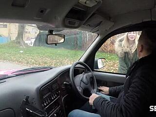 blonde gives taxi driver blowjob handjob
