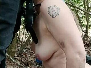 slave milf bound outdoors for forest walk dogging blowjob and cumshot