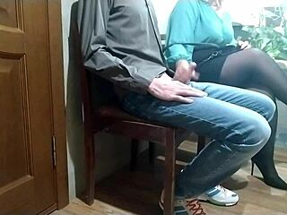 wow, mature milf in pantyhose milks stranger cum outdoors!