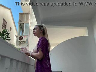 blonde wife flashes big tits shaved pussy balcony