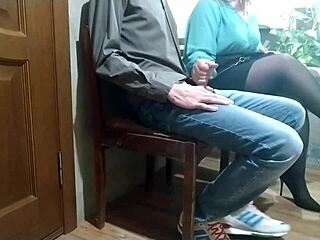 wow, mature milf in pantyhose milks stranger cum outdoors!