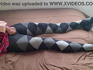 shemale strokes cock in plaid dress argyle tights solo