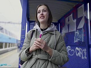 Public agent spots train station smoker flashing tits to settle her fine.