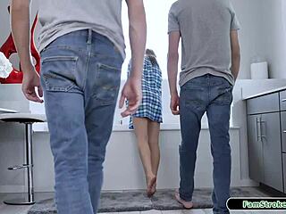 twins stalk horny stepsis then pound her shaved pussy with monster cocks