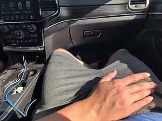 she strokes his cock for a messy handjob that explodes in huge cumshot while driving down the road