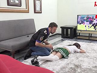 he pounds her hard then unloads in mouth and on tits