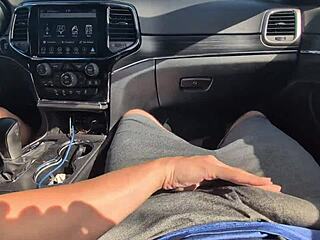 she strokes his cock for a messy handjob that explodes in huge cumshot while driving down the road